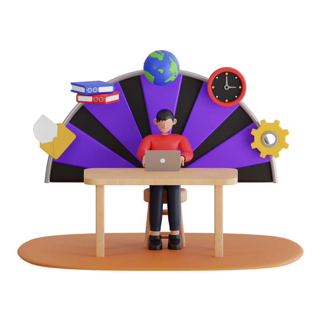 Purple person at desk